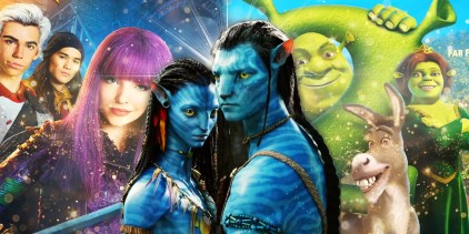 A cutout of Avatar: The Way of Water against a sparkly background containing Descendants 2 and Shrek 2 posters.