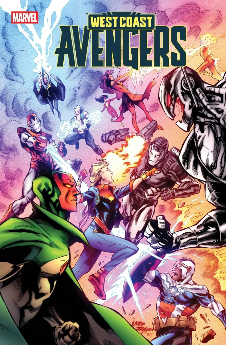 West Coast Avengers #6 variant cover by Chris Campana - Avengers fight the West Team featuring Vision, Ultron, and more