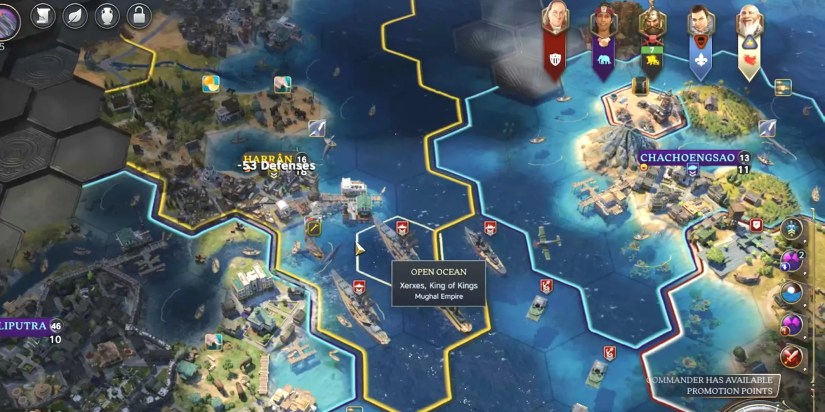 Civilization 7 player attacking land with an aircraft in the water.