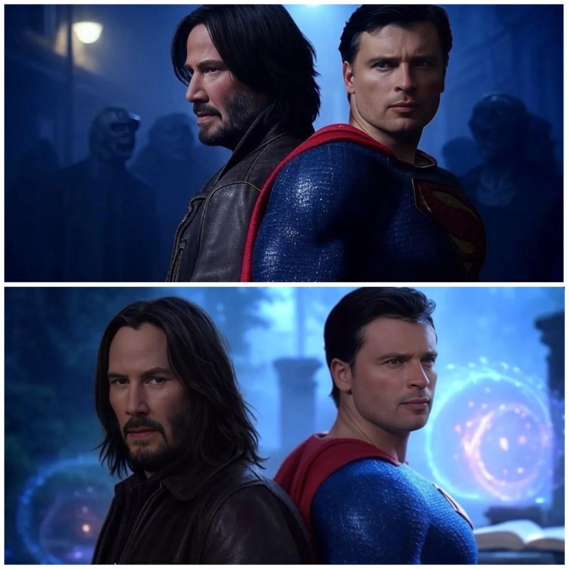Tom Welling suited up as Superman next to Keanu Reeves as John Constantine