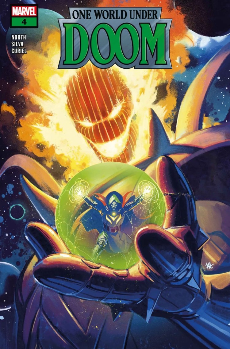 One World Under Doom #4 cover by Ben Harvey - Dormammu holds Sorcerer Supreme Doctor Doom
