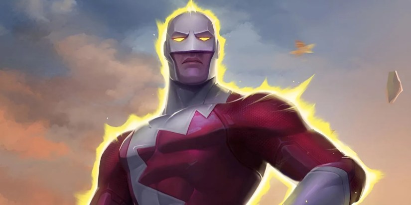 Guardian poses in front of the sky.