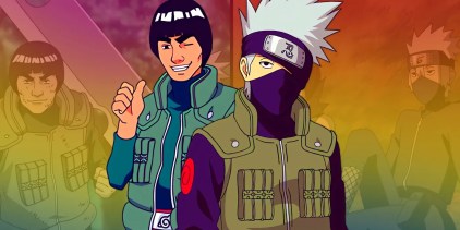 Kakashi standing in front of Guy, who is smiling and pointing at himself. Behind them, moments between them can be seen.