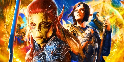 Lae&rsquo;zel and Shadowheart in front of D&amp;D art