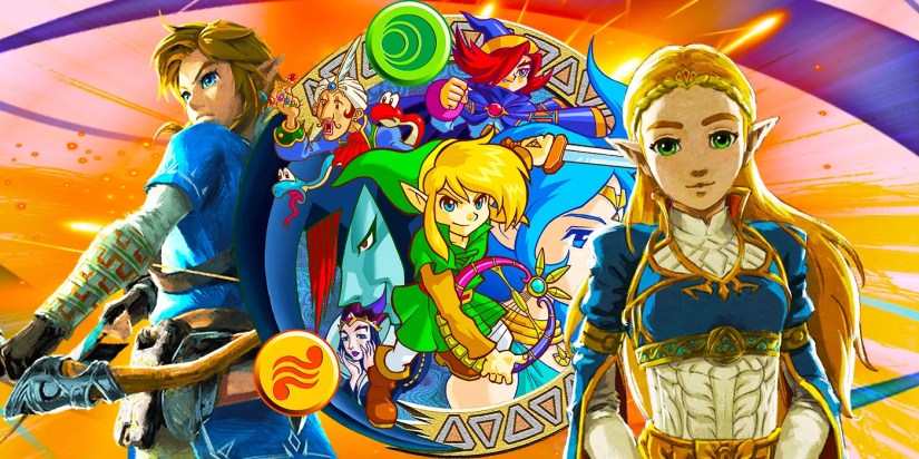 Link and Zelda from The Legend of Zelda: Breath of the Wild, surround a younger version of Link from The Oracle Of Ages/Seasons, holding an instrument and sword in each hand.