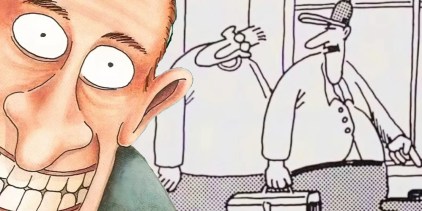 Far Side grinning man (left, foreground) and a man with a bent neck & a TV repairman (background, right)