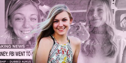 A cutout of Gabby Petito against additional photographs of Gabby Petito in Netflix’s American Murder: Gabby Petito with a pinkish gradient, an overlay of Petito’s writing, and sparkles.