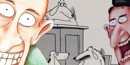 The Far Side, grinning man (left, foreground) and shouting man (right, foreground) in front of a canine courtroom scene