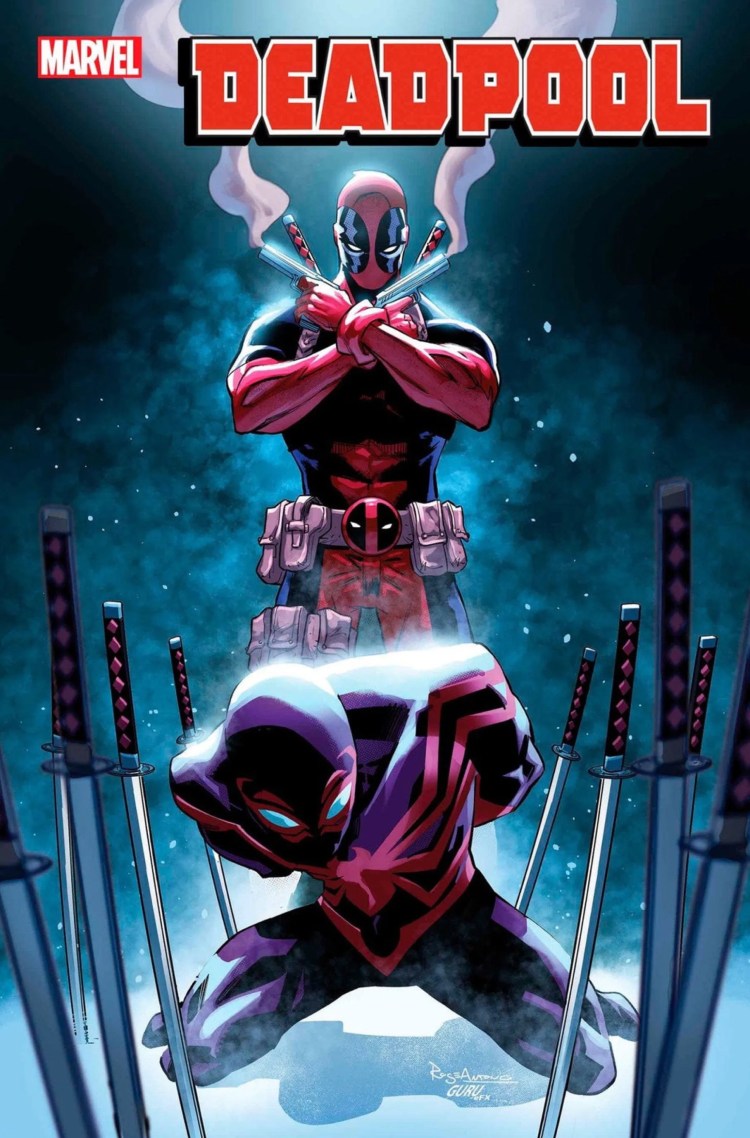 Deadpool #12 1:25 Rogê Antônio Variant: Deadpool stands over Miles Morales Spider-Man  with swords surrounding