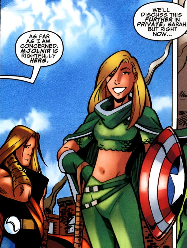 Crusader smiles and poses while holding Mjolnir