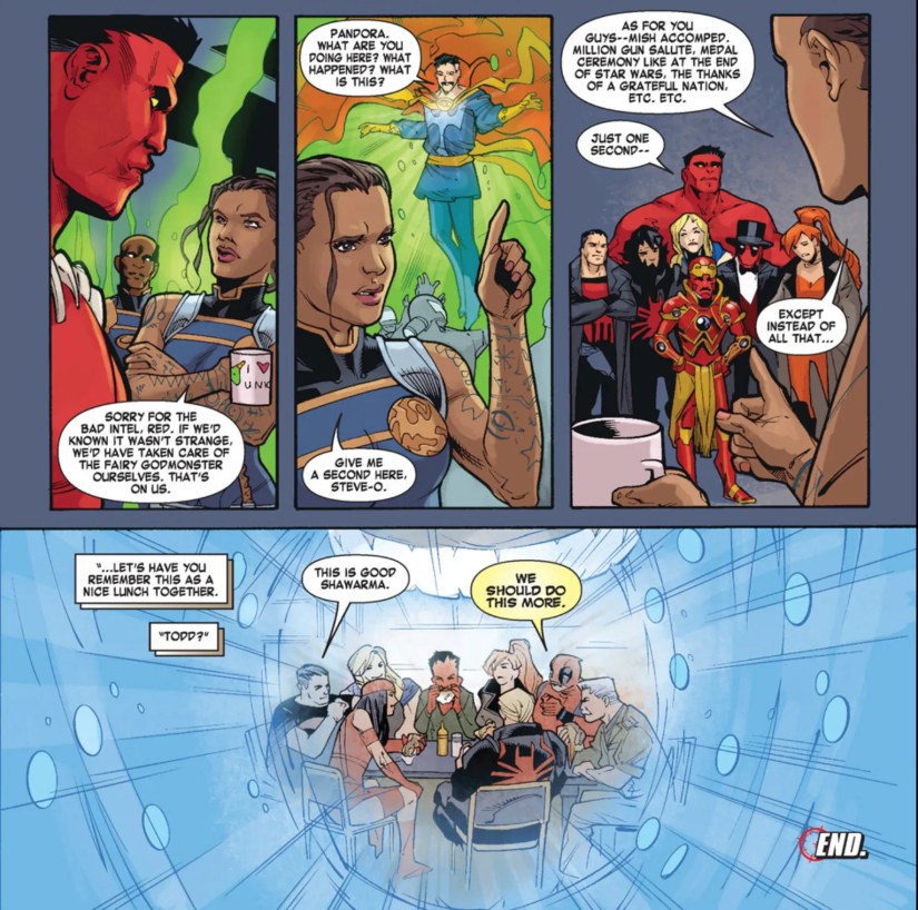 Thunderbolts Annual 2013 by Acker, Blacker, and Lolli - the team has their memories replaced with a shawarma lunch