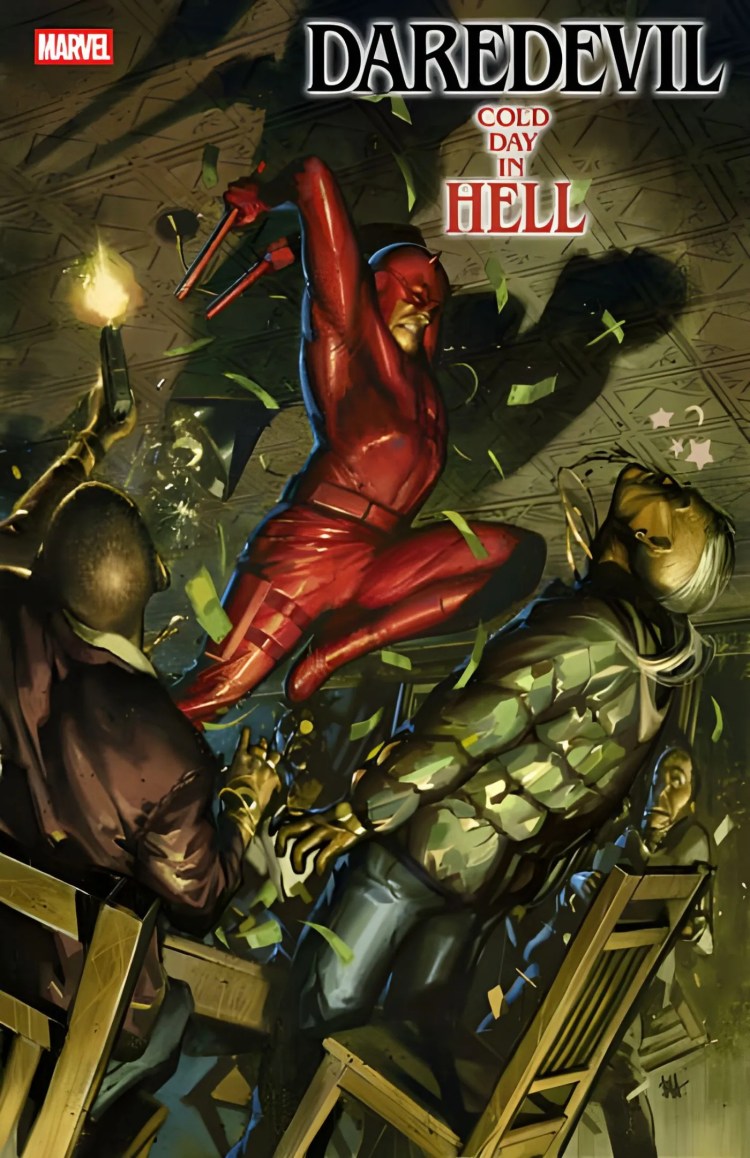 Old Man Daredevil fights enemies.