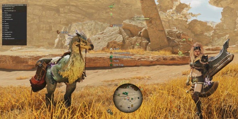 Monster Hunter Wilds Hunter standing in field with Reframework mod pictured