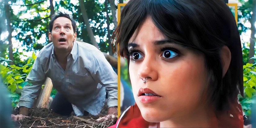 Paul Rudd and Jenna Ortega looking scared in Death of a Unicorn Interview header
