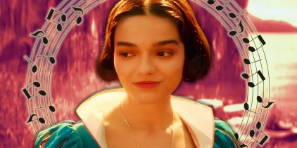 Snow White is in front of a red background with a circle of music notes