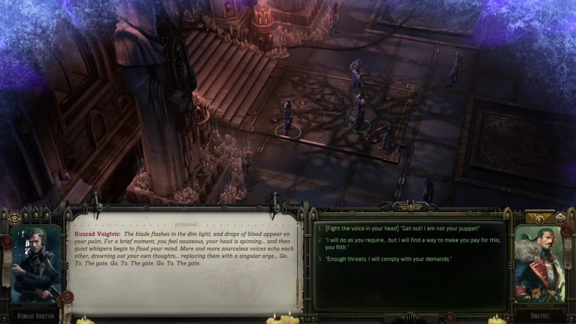The Rogue Trader game UI is surrounded by a blue mist, signifying the appearance of a warp entity.