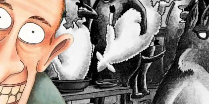 Far Side grinning man (left, foreground) &amp; wolves dipping sheep in bowls at a party (right, background.)