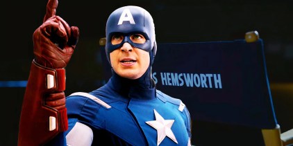 Custom image of Steve Rogers Captain America holding his finger up in front of Chris Hemsworth&rsquo;s cast chair in Avengers: Doomsday live stream