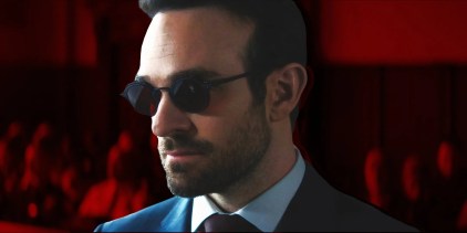 Custom image of Matt Murdock looking serious in court on a deep red background in Daredevil: Born Again