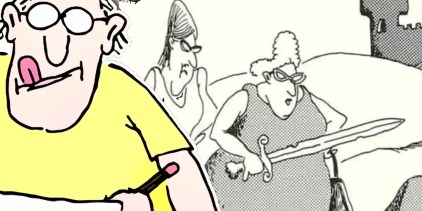 Far Side man in yellow shirt (foreground) woman holding a sword (background.)