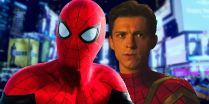 Custom image of Spider-Man in his costume and with his mask off looking concerned on a blue background of Wilson Fisk addressing New YorkUntitled-2