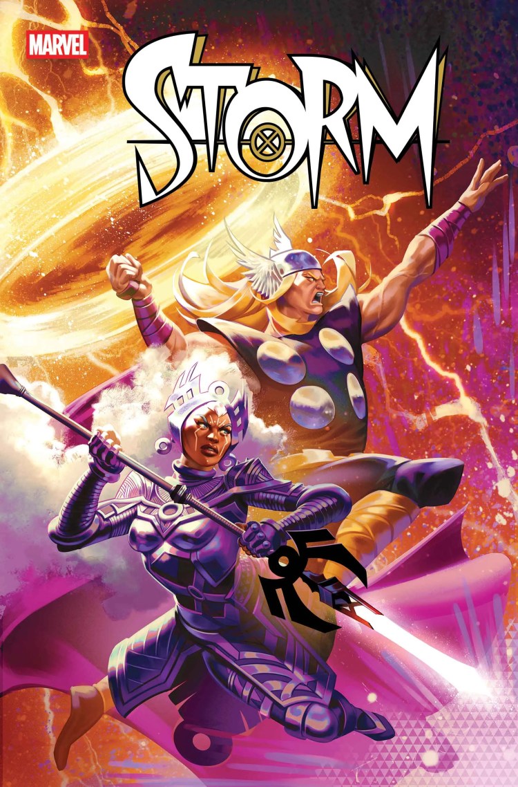 Storm #8 Cover Art by Mateus Manhanini with Storm and Thor charging into battle