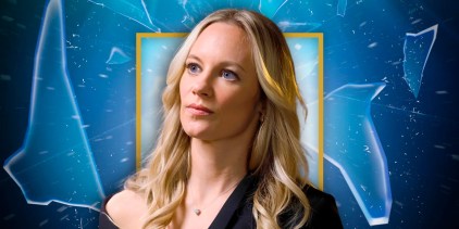 Danielle Savre as Heather in Found in front of a blue broken glass background