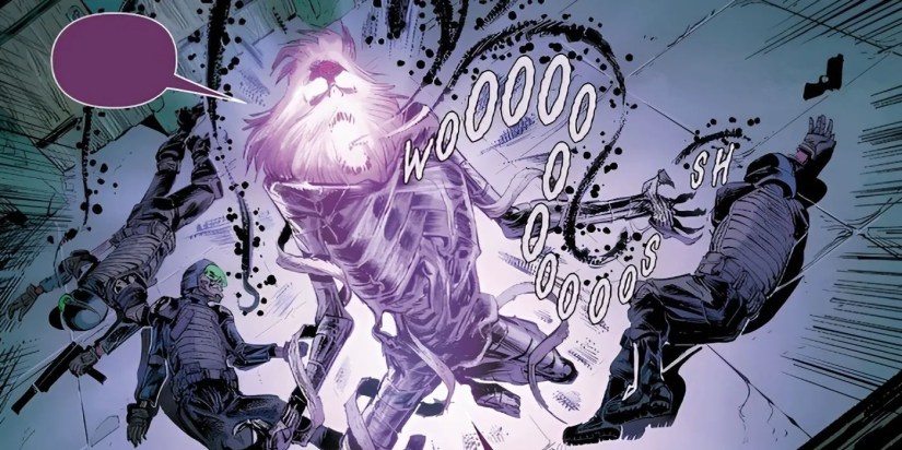 Plague Symbiote roars while dead guards lie around him.