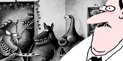 Far Side human (color, foreground) and monsters at a party (background, black &amp; white)