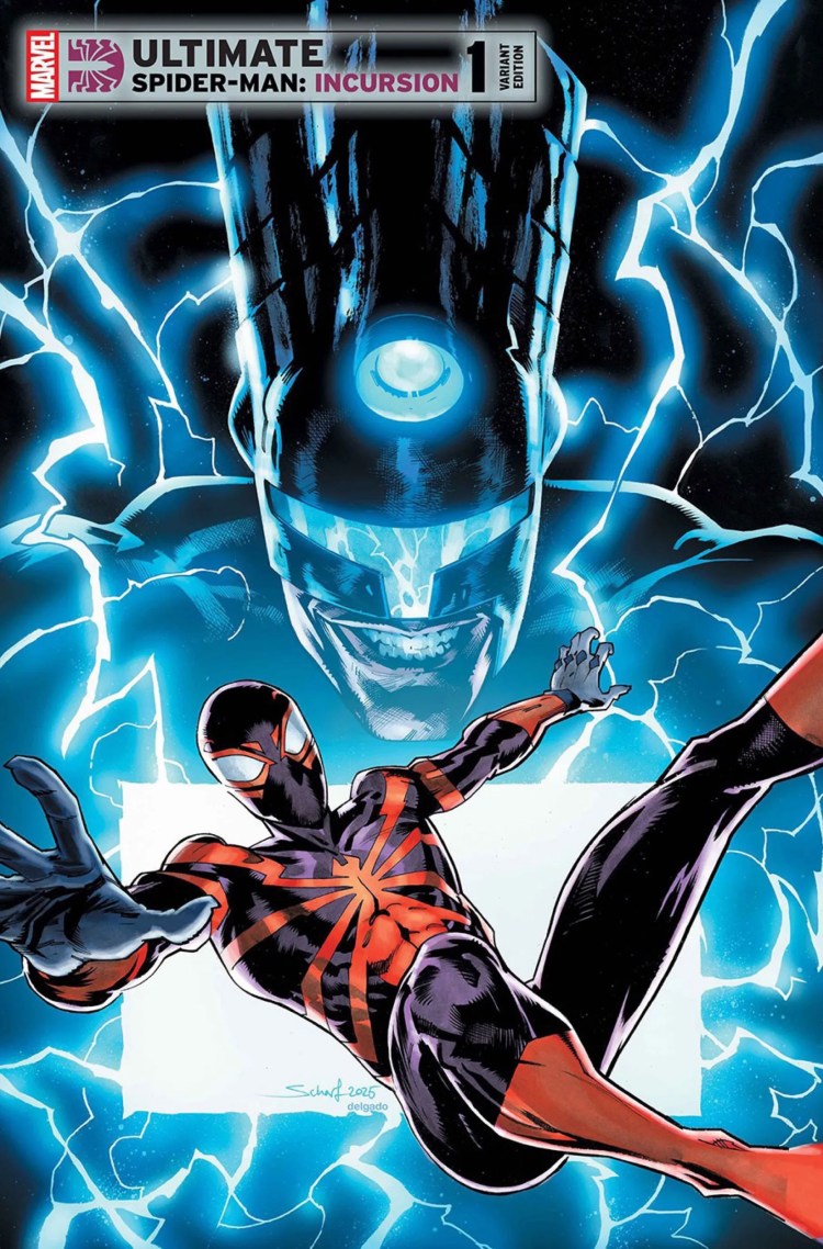 Ultimate Spider-Man Incursion #1 variant cover by Jonas Scharf and Edgar Delgado - Miles falls into the Maker’s portal