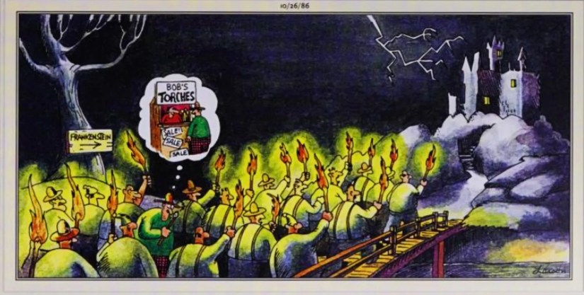 Far Side, Sunday October 26, 1986, a torch wielding mob where one person has a faulty torch