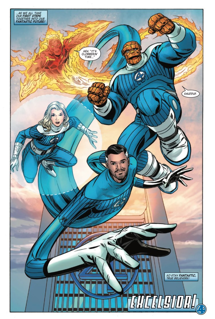 Fantastic Four First Steps #1 by Fraction and Buckingham - The Thing is teased about “clobberin’ time” in group shot