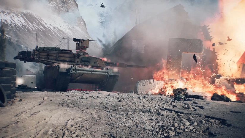A tank destroying a nearby building in Battlefield 6.