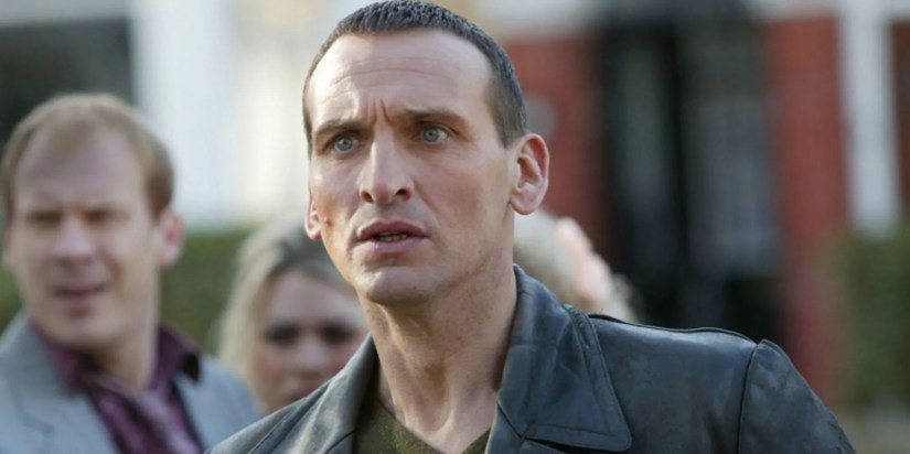 Christopher Eccleston as the Ninth Doctor looking shocked as he sees a Reaper outside the church in the Doctor Who season 1 episode &ldquo;Father&rsquo;s Day.&quot;