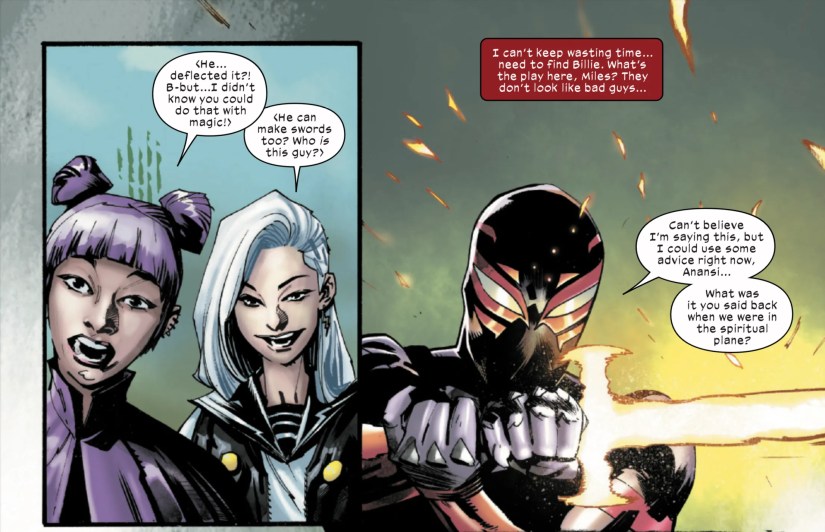 Ultimate Spider-Man: Incursion #3 by Ziglar, Camp, and Scharf - Nico and Maystorm react to Miles’ sword power