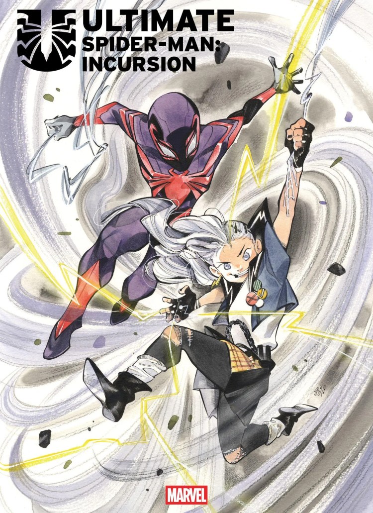 Miles Morales' Spider-Man and Maystorm in Ultimate Spider-Man: Incursion #3 variant cover art by Peach Momoko