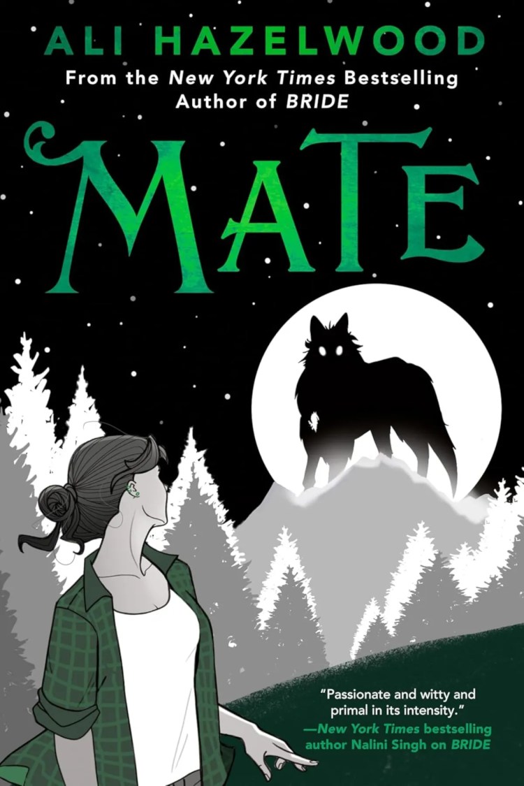 The Cover Of Mate By Ali Hazelwood featuring a girl looking up at a wolf and full moon