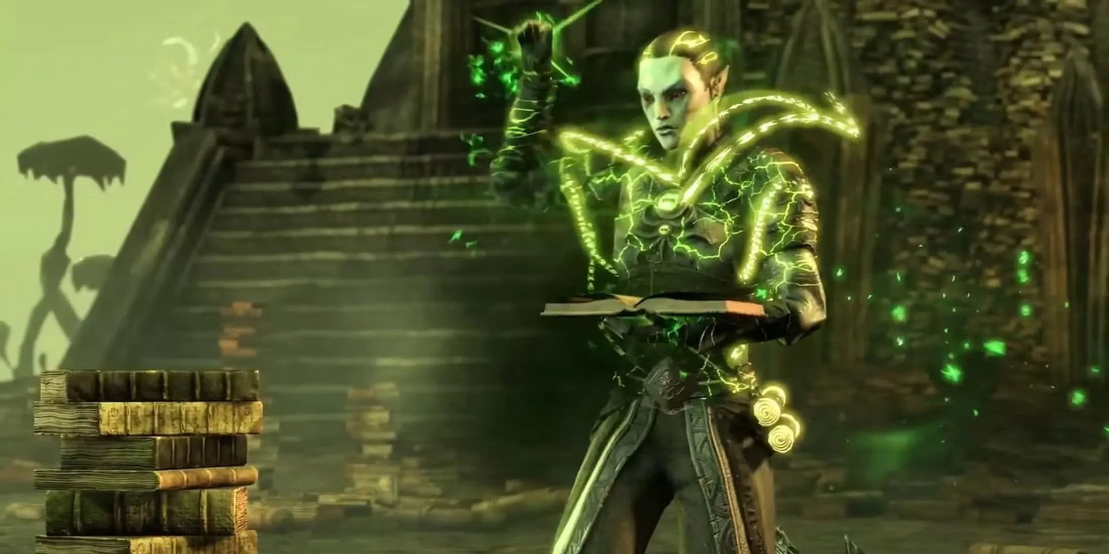 An Arcanist reads a book in Elder Scrolls Online.