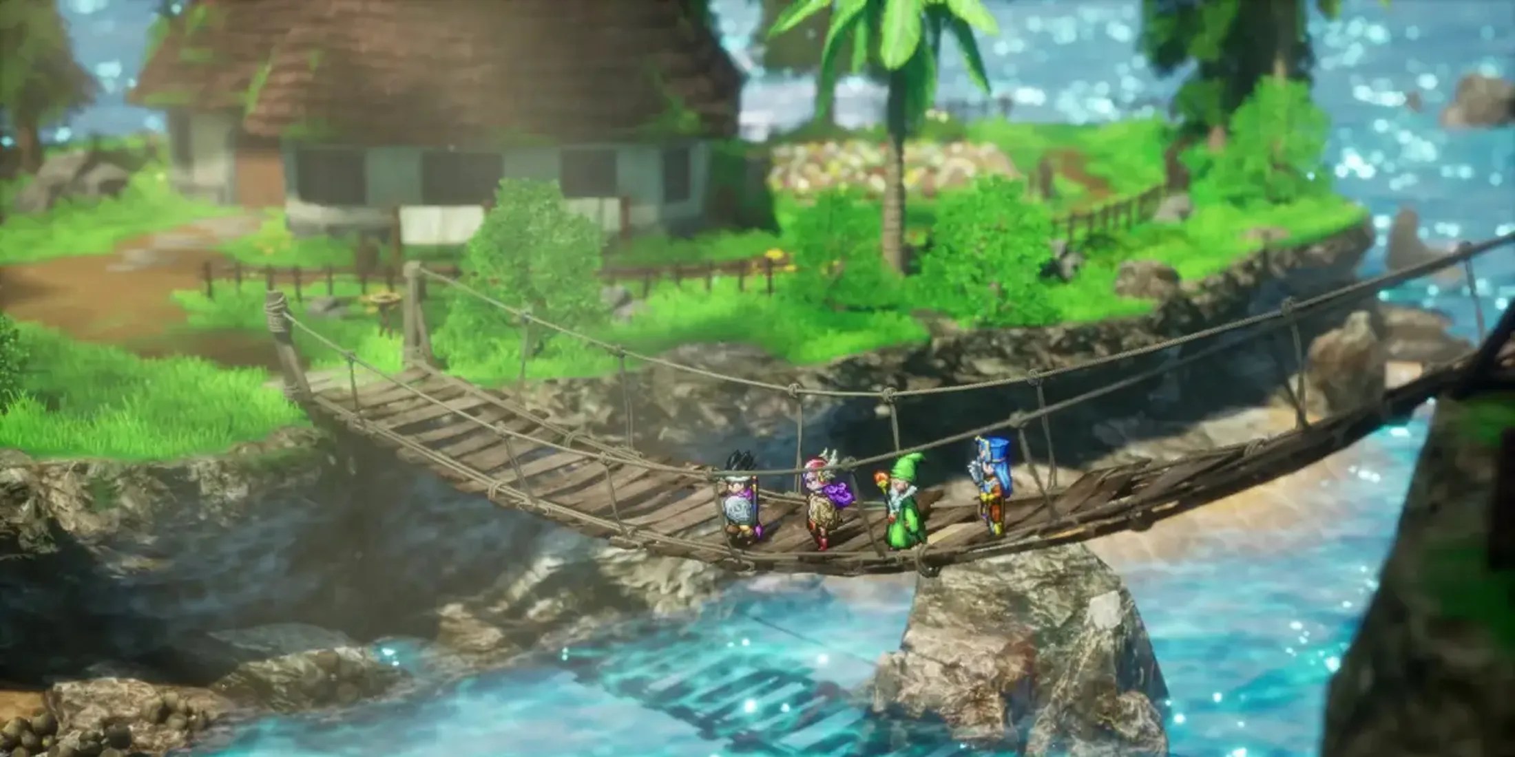 dragon quest 3 hd-2d remake image of the party crossing a wooden rope bridge