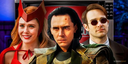 Elizabeth Olsen&rsquo;s Scarlet Witch in her Halloween costume, Tom Hiddleston&rsquo;s Loki, and Charlie Cox&rsquo;s Matt Murdock in front of a TV with the Marvel Studios logo