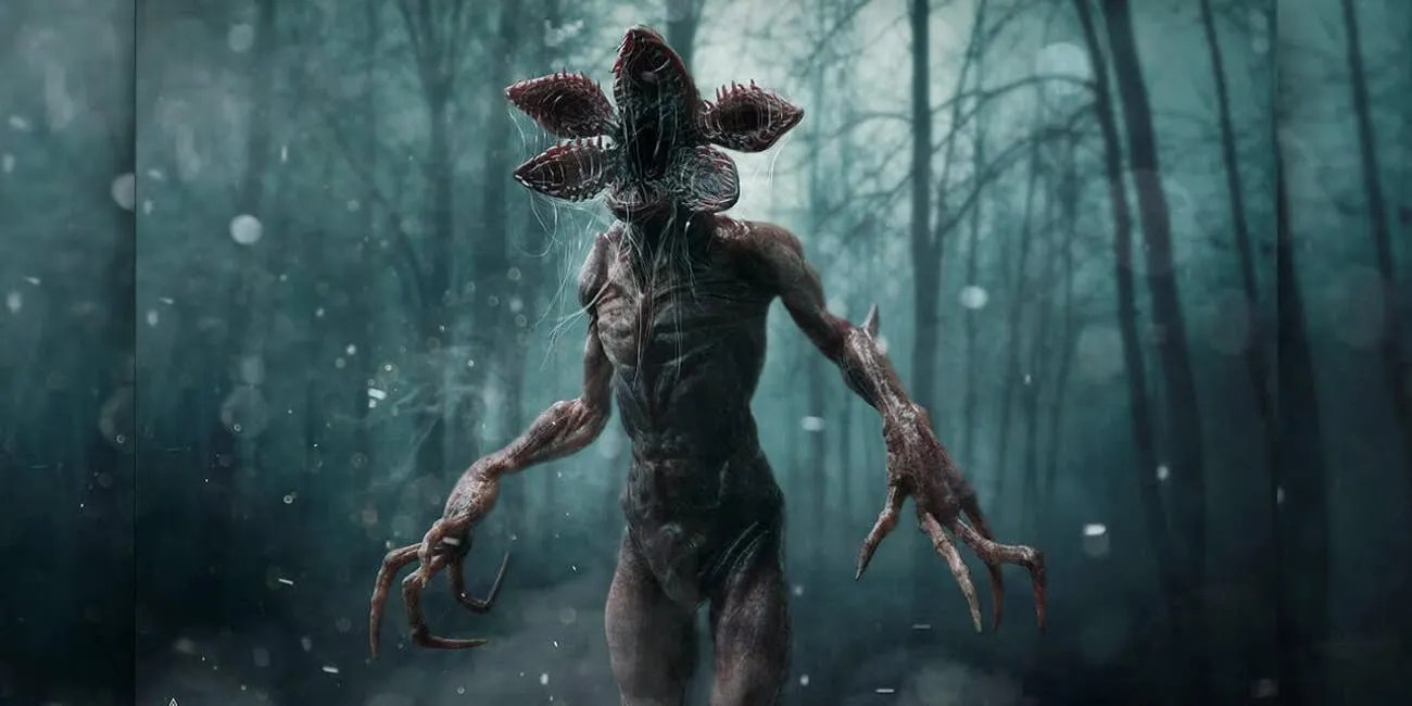 The demogorgon from Stranger Things howling in a forest