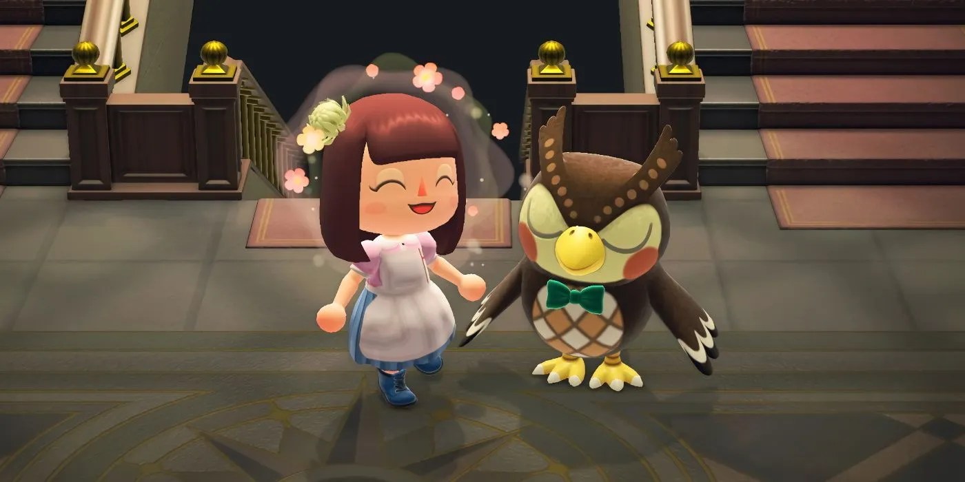Animal Crossing player character and Blathers in the museum.
