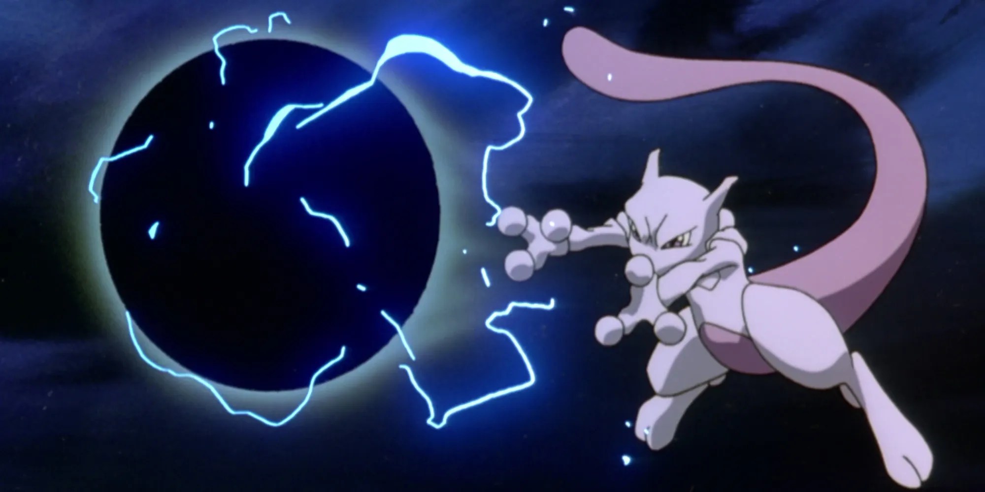 Mewtwo firing off an attack in Pokemon: Mewtwo Strikes Back.