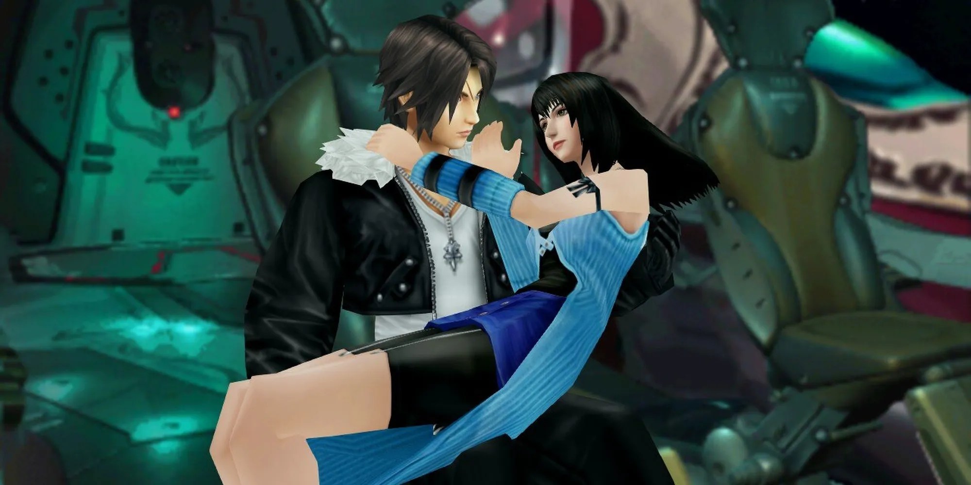 Squall holds Rinoa in Final Fantasy 8.