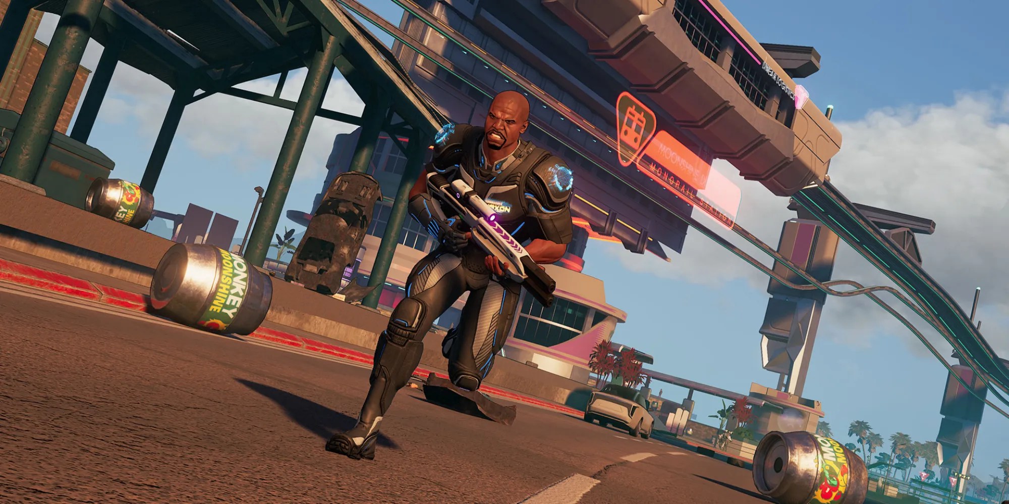 Terry Crews running on a highway in Crackdown 3.