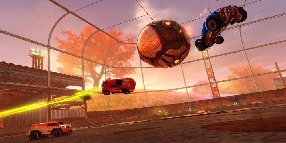 Farmstead Cars Flying After Ball in Rocket League Arena