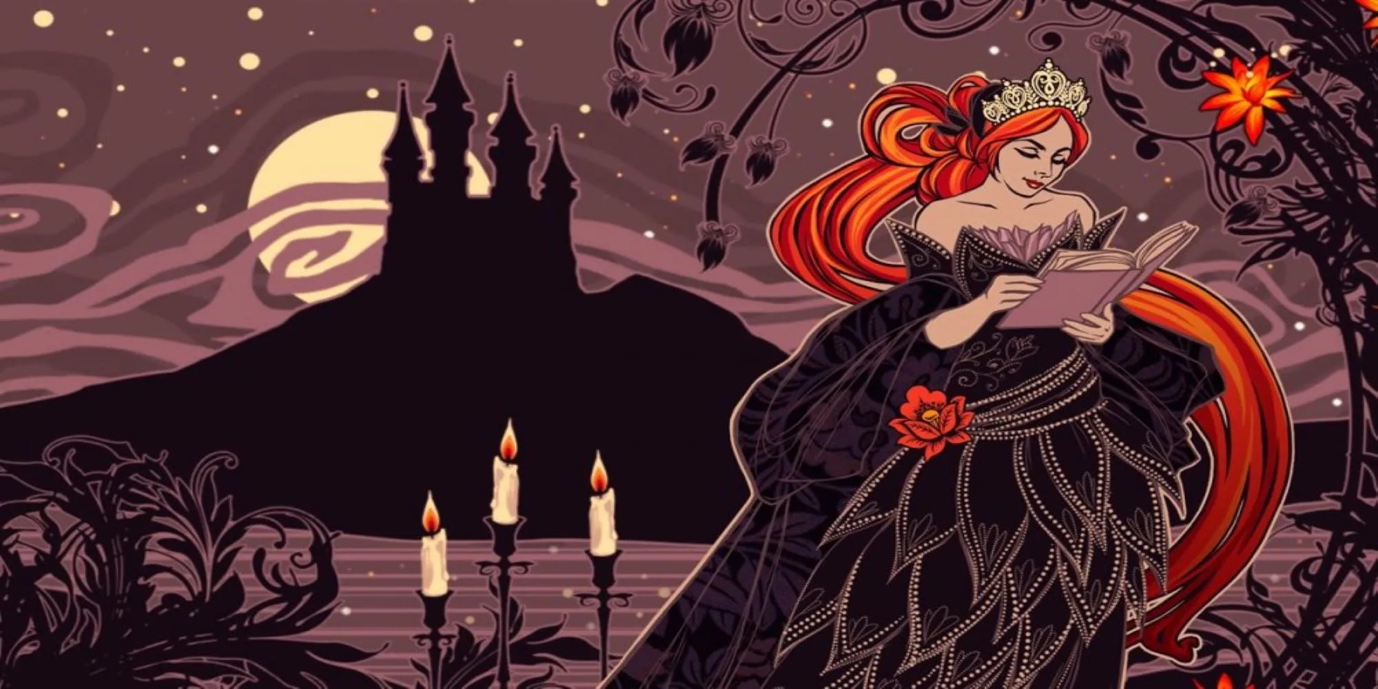Cinders main art with the main protagonist reading from a book as the castle silhouette is seen in the moonlight.