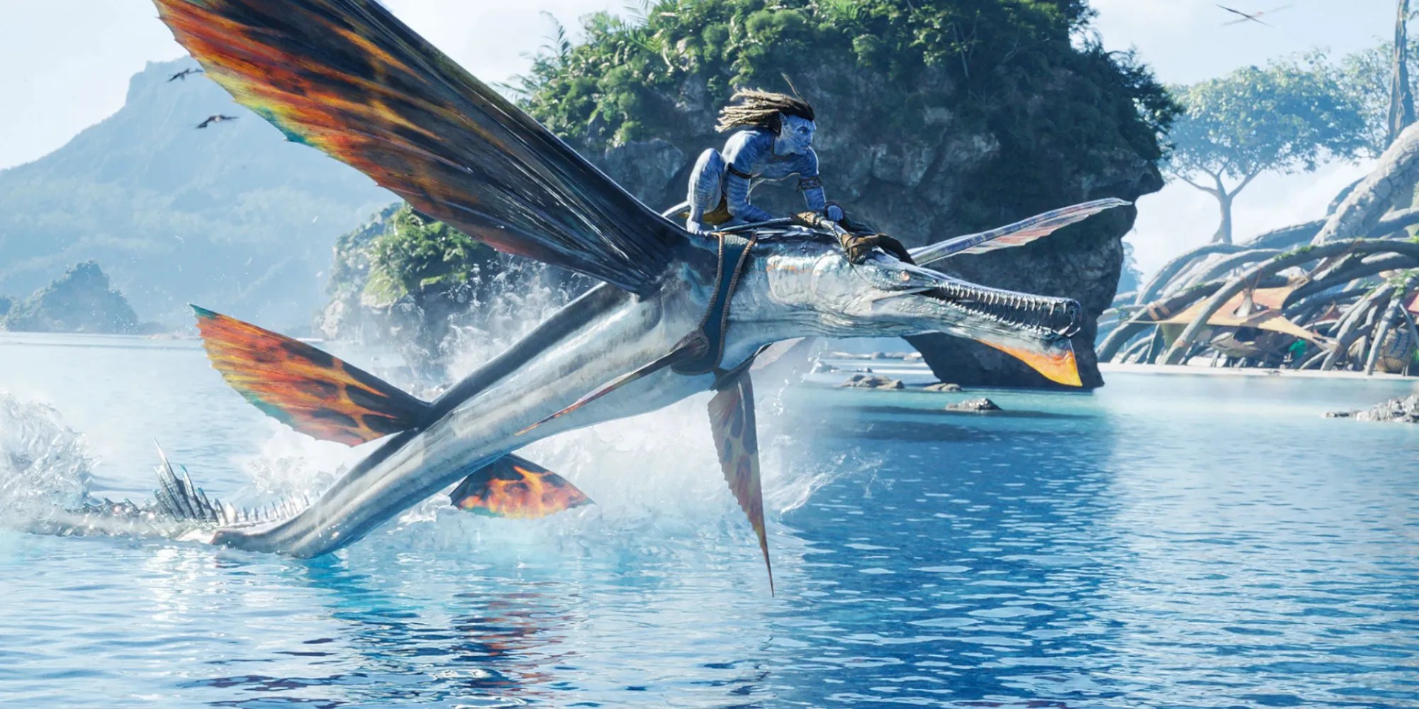 Avatar The Way Of Water screenshot of a Na&rsquo;vi riding a tsurak over the water