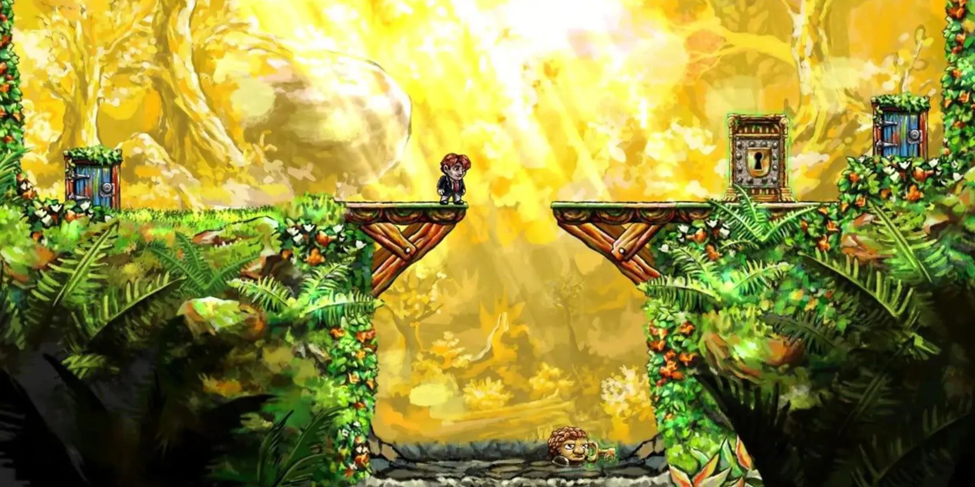 Tim overlooking a pit where an enemy is holding a key in Braid.