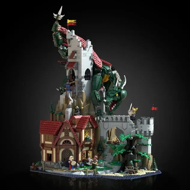 Dungeons &amp; Dragons Lego green draagon wrapping around a tower
